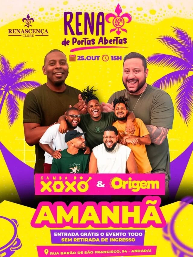 Amanhã é dia de Rena de Portas Abertas, e a entrada é grátis o evento todo 🎶 Samba do Xoxó e Grupo Origem comandam uma…