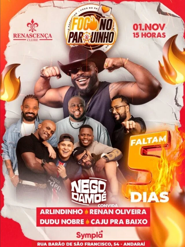 Faltam 5 dias pro Fogo no Parquinho, e o domingo 1º de novembro promete esquentar o Rena 🔥 Nego Damoé comanda a festa e…