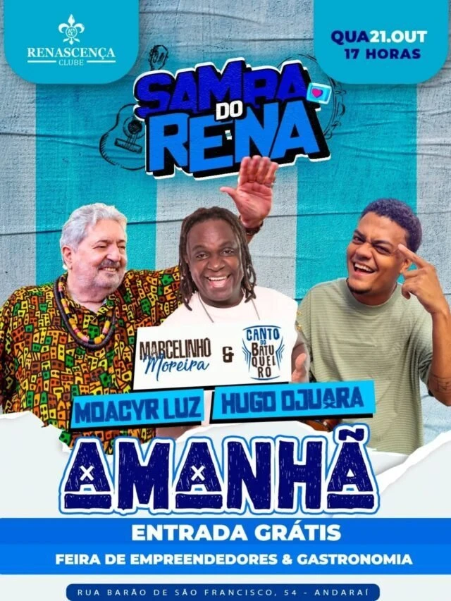 Amanhã tem Samba do Rena, e a roda de Marcelinho Moreira e Canto do Batuqueiro vem com Moacyr Luz e Hugo Ojuara 🎶…
